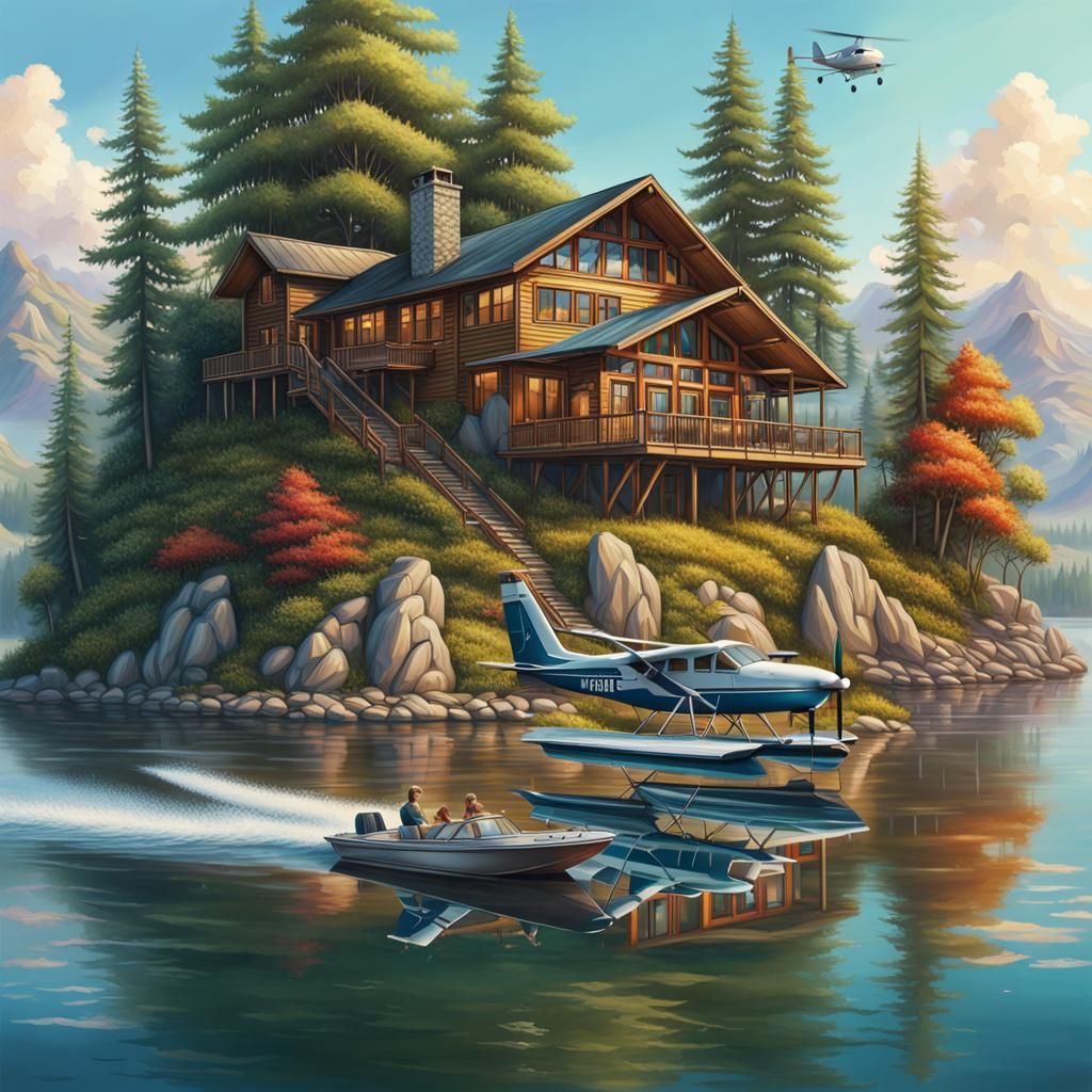 Island Retreat with Seaplane and Motorboat at Sunset