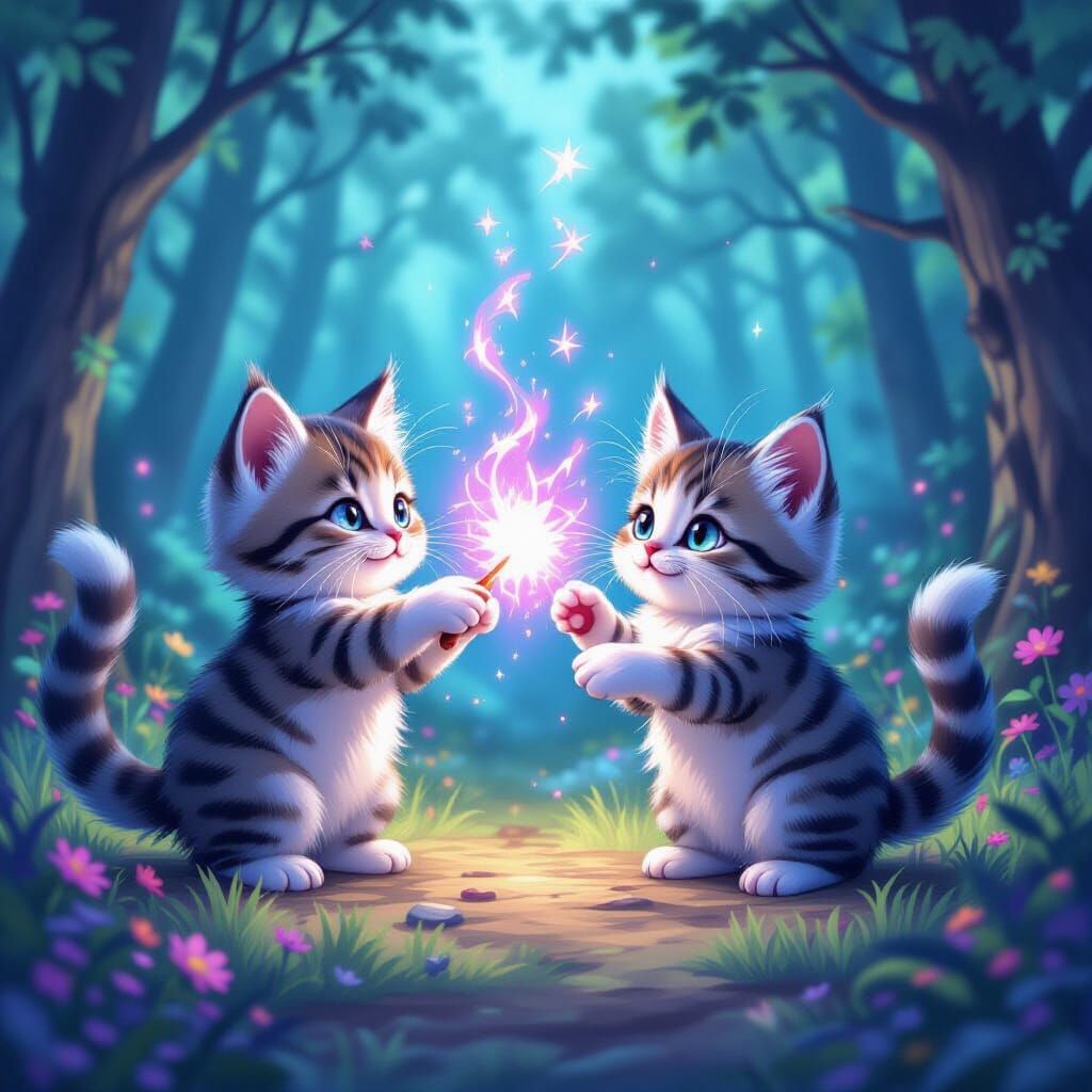Whimsical Kittens Duel in Enchanted Forest