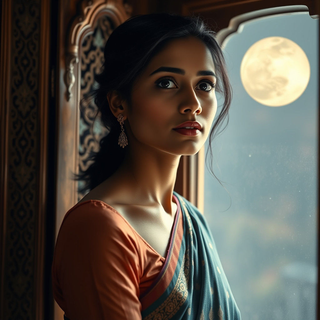 Indian Woman Longingly Gazing at the Full Moon through Ornat...