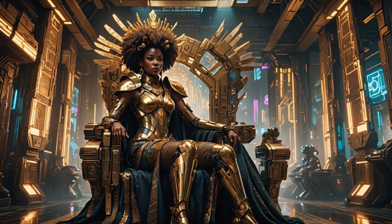 Regal Afro-Futuristic Queen in Cyberpunk Grandeur