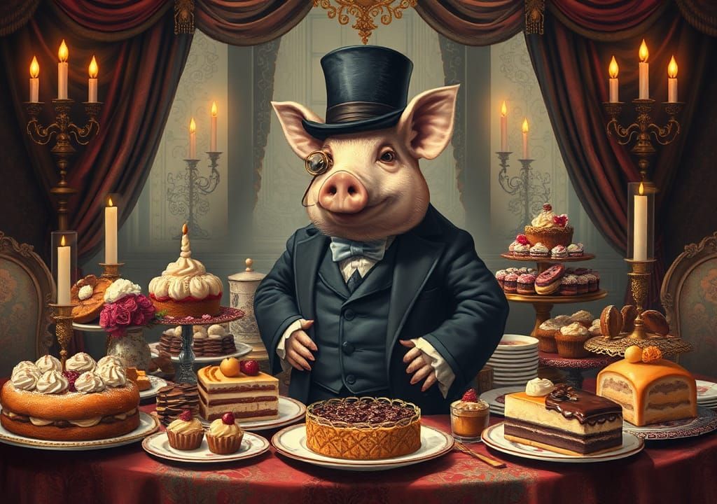 Regally Dressed Victorian Pig Enjoys Whimsical Thanksgiving....