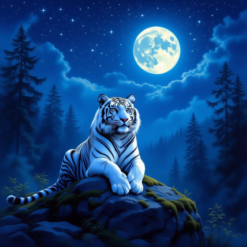 White Tiger Under Full Moon, Hyperrealistic Forest Night