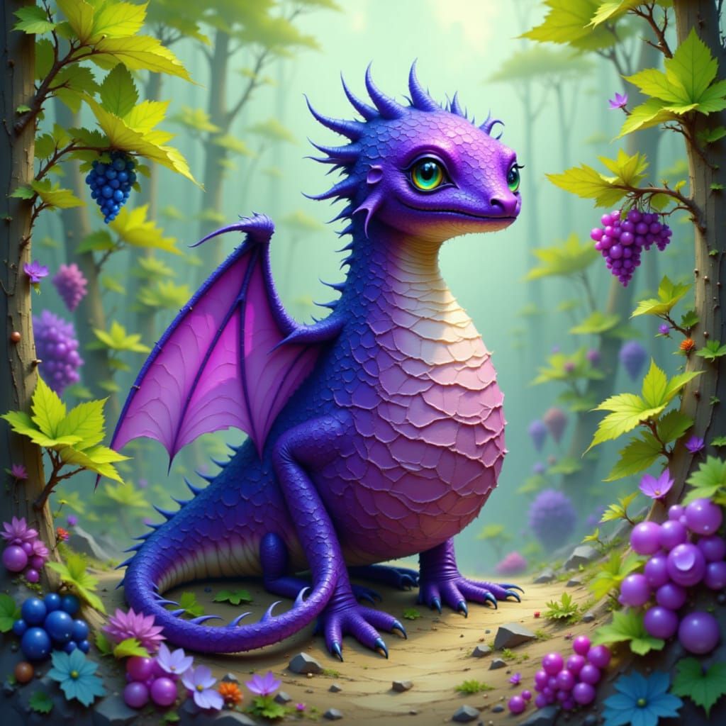 Grape-Dragon Hybrid in Vineyard, Loish-Inspired Illustration