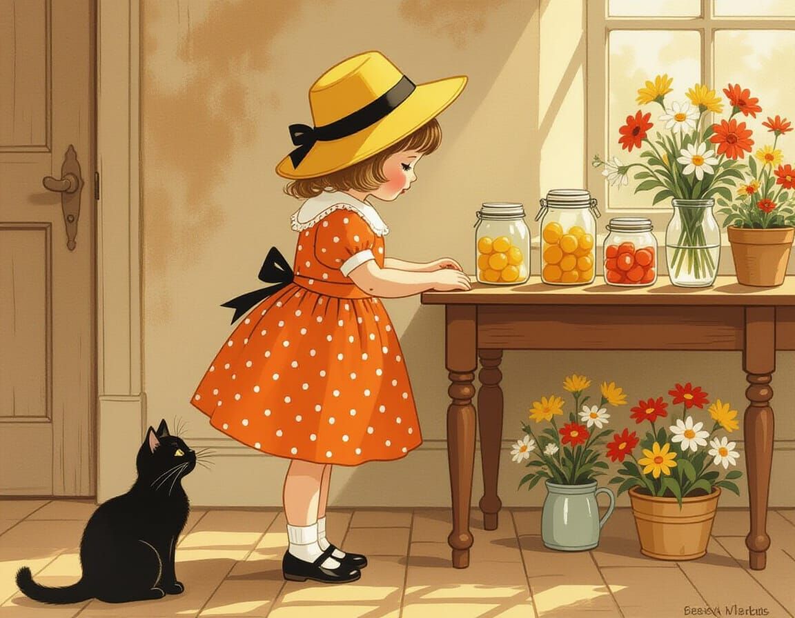 Young Girl Reaching for Flowers, Classic Illustration