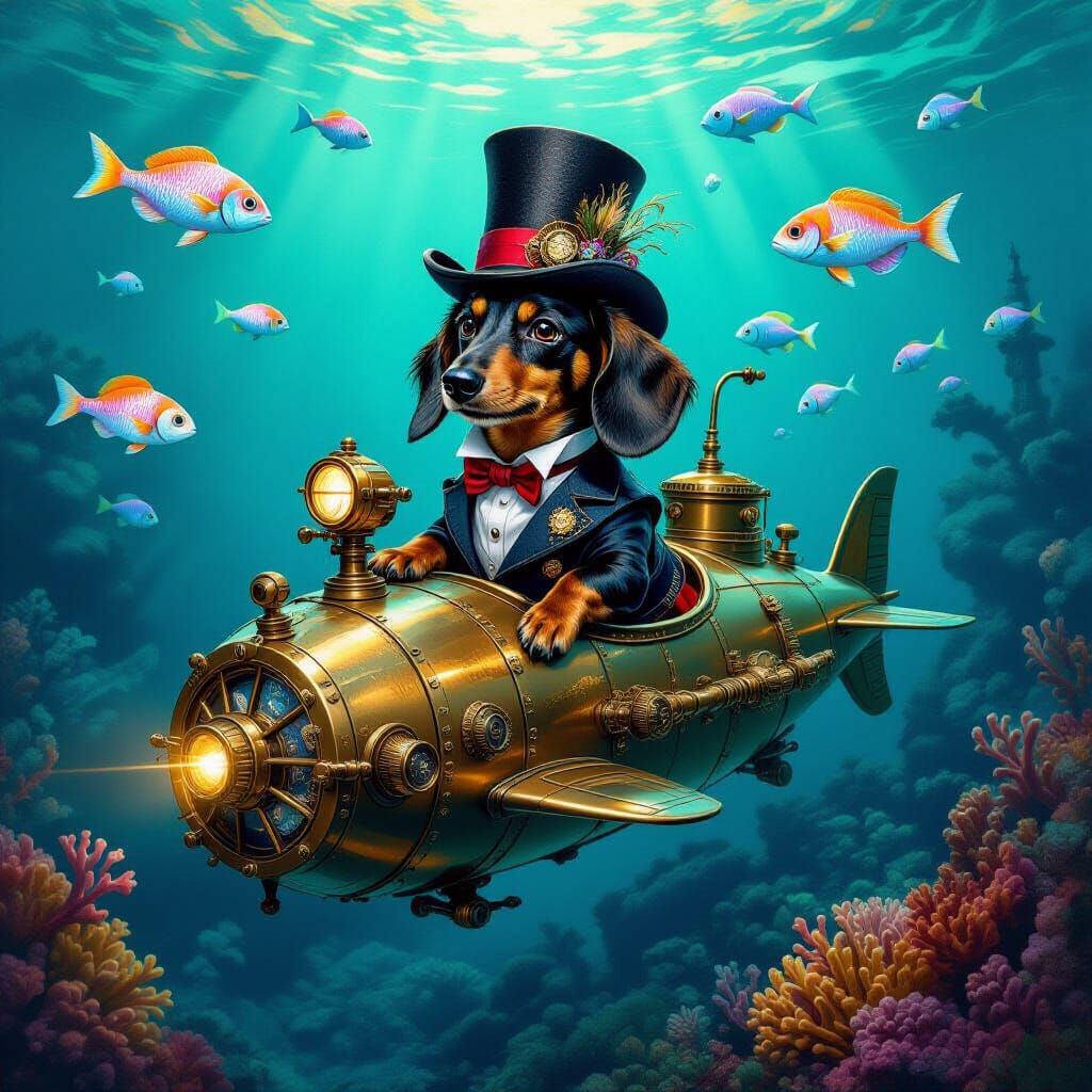 Dachshund Steampunk Submarine Pilot in Bioluminescent Reef