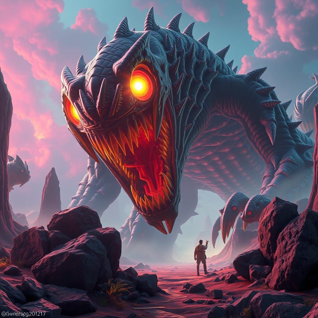 Colossal Monster in Dreamlike Landscape, 3D Render