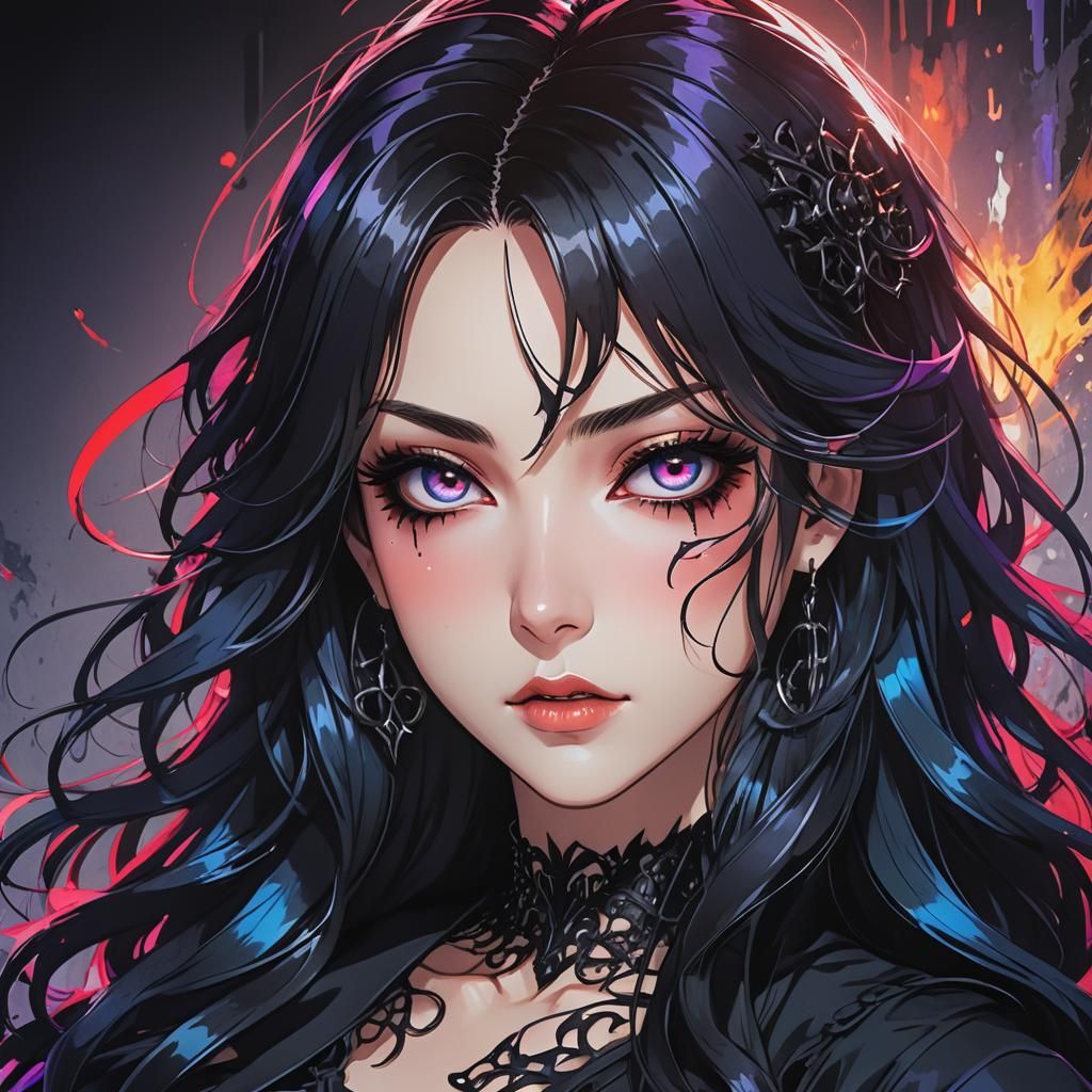 Gothic Anime Goddess with Luscious Dark Hair and Bold Makeup