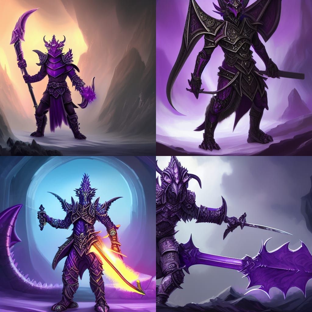 Purple Dragonborn Warrior in Full Armor, Holding Glowing Blu...