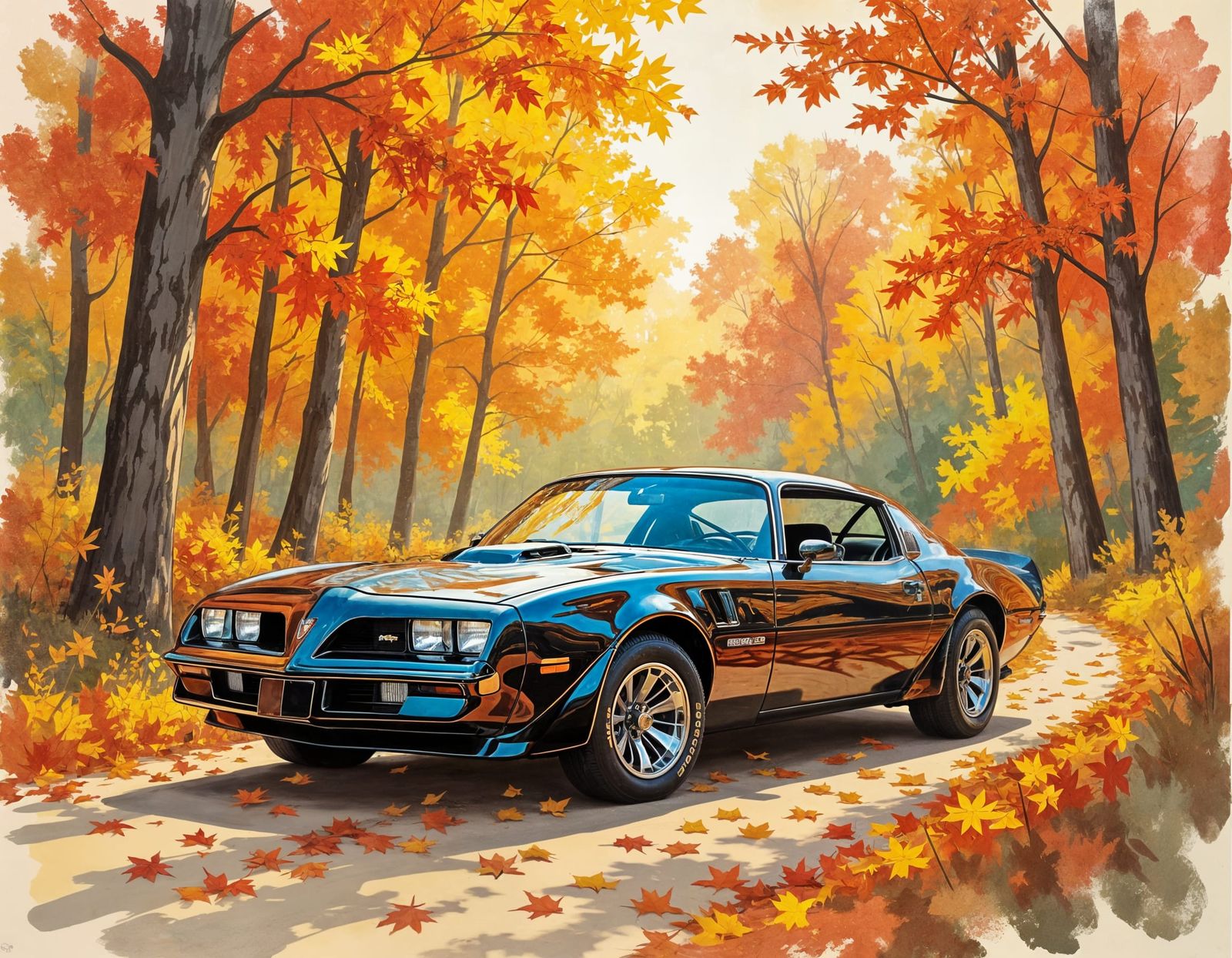 Black Trans Am Firebird in Nostalgic Autumn Setting