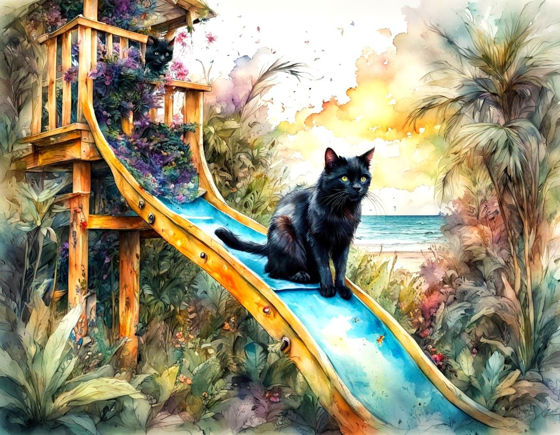 Black Cat Having Fun in Garden, Watercolour Style