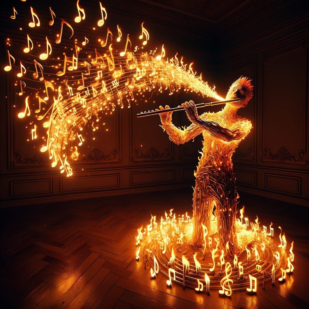 Flame Flute Player Born from Blazing Musical Notes