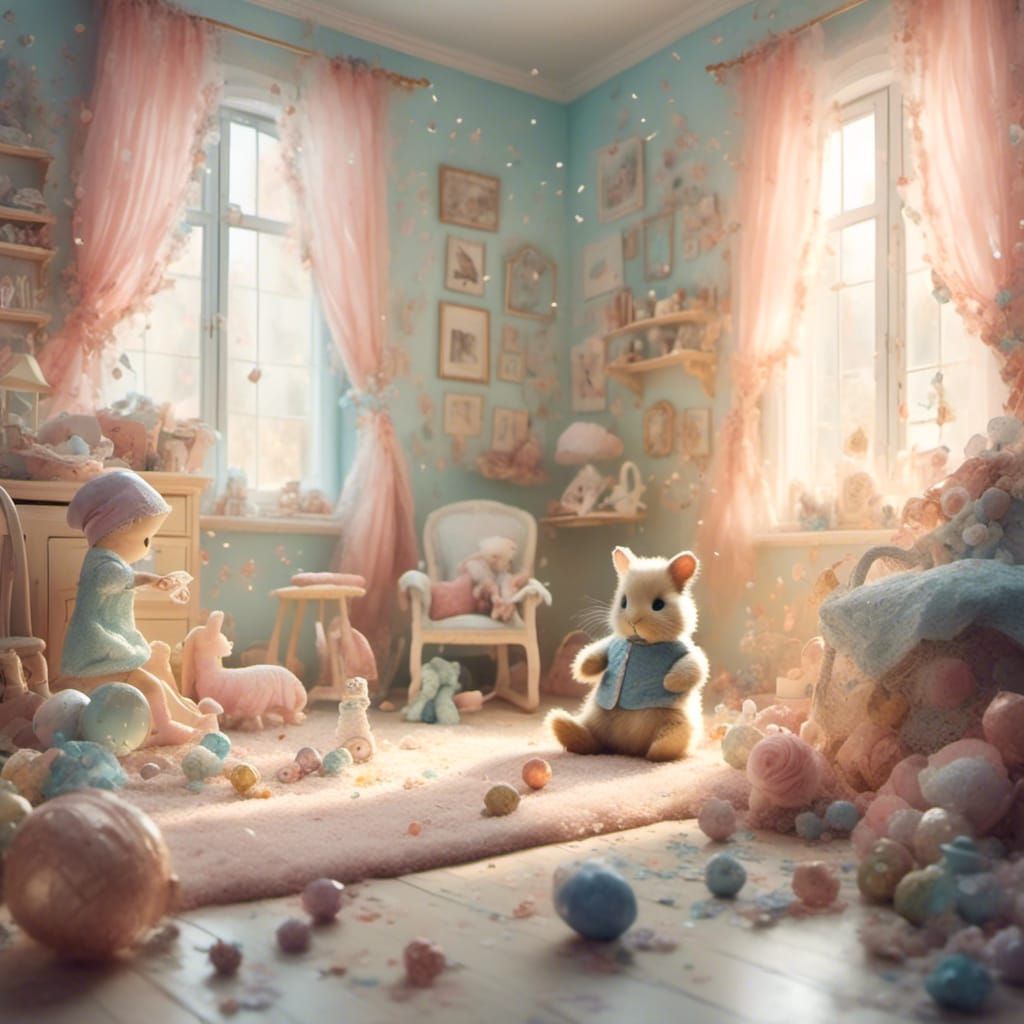 Whimsical Watercolor Nursery Scene with Pastel Colors and Ge...