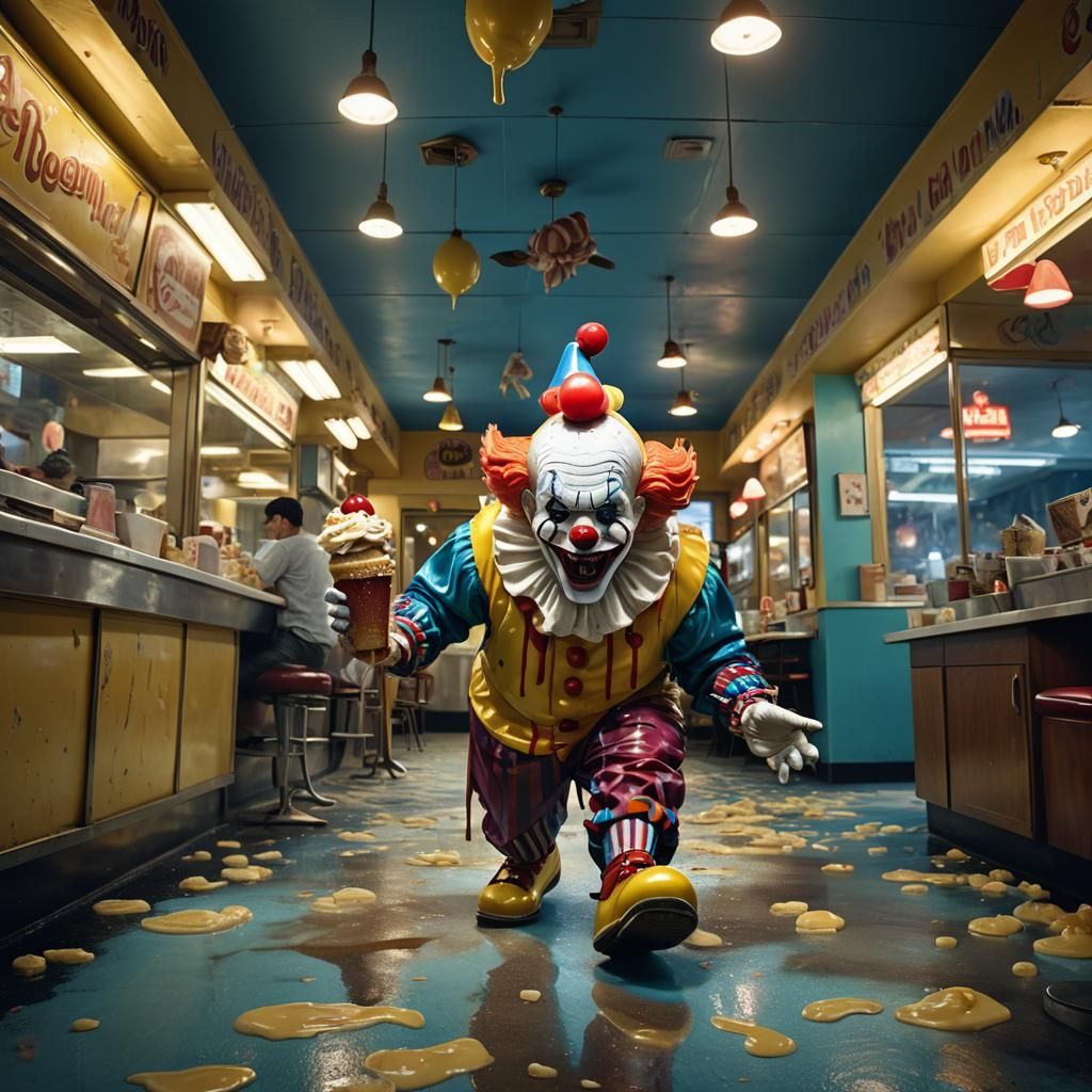 Surreal Clown Emerging from Banana Split in Dreamlike Ice Cr...