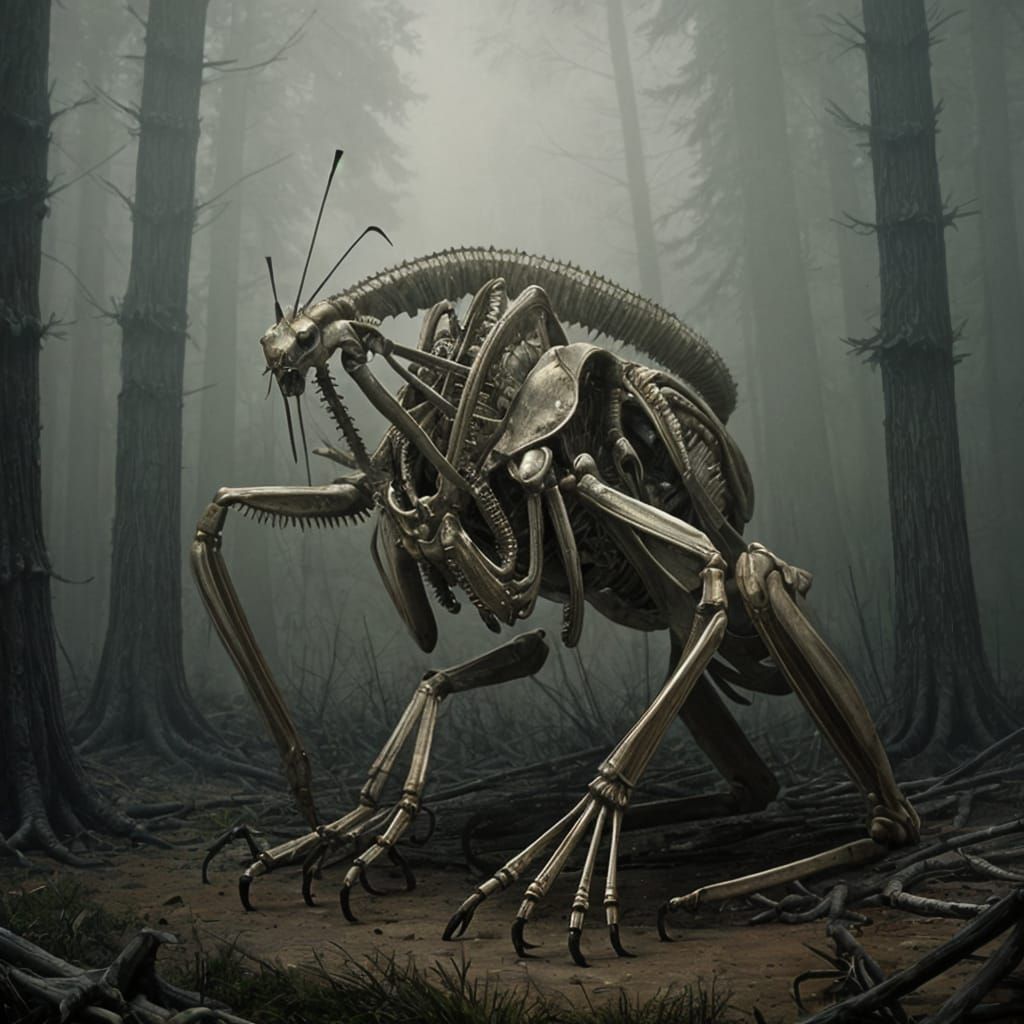 Mantis of Bones Emerges from a Haunting Misty Forest