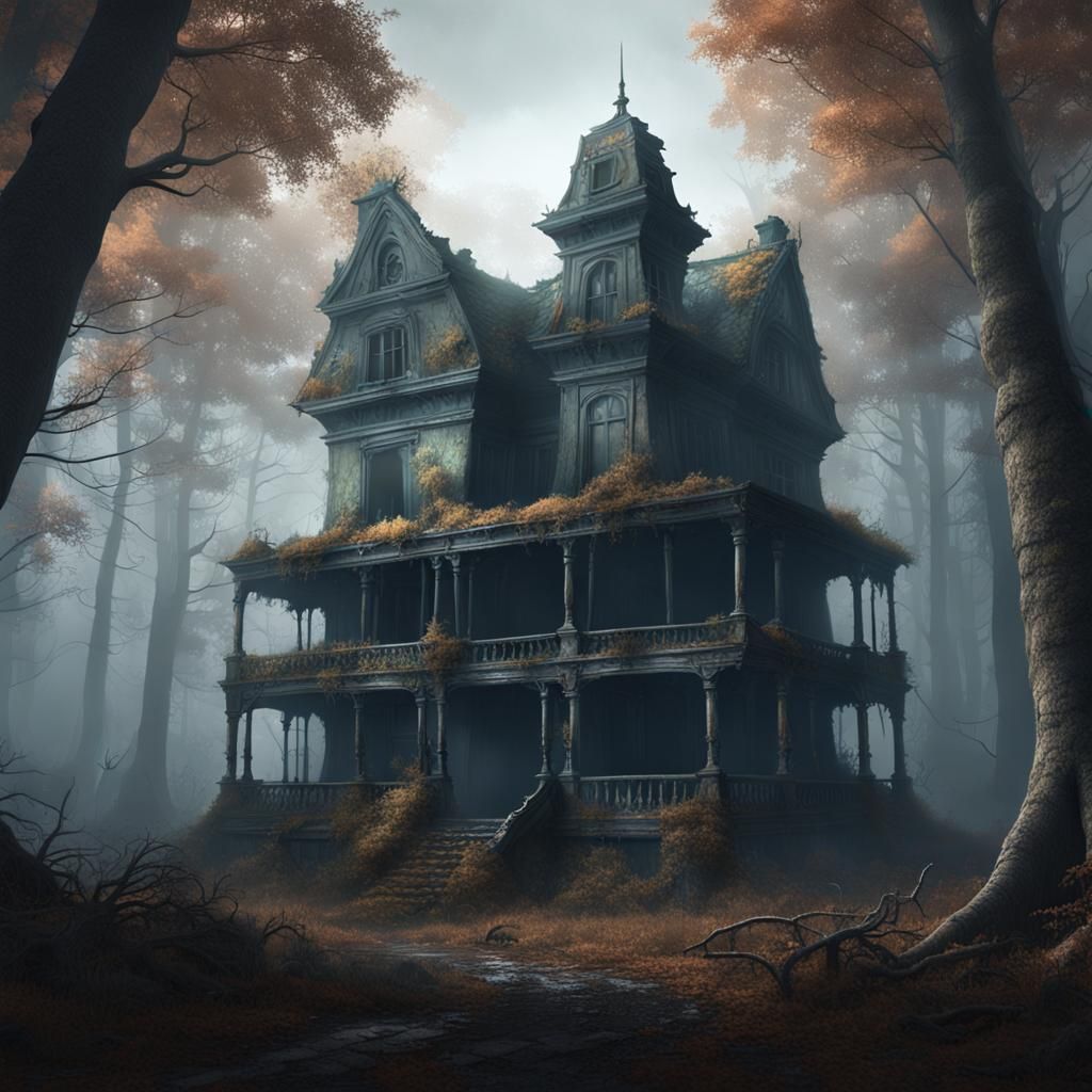 Spooky Abandoned Mansion in a Foggy Forest at Night