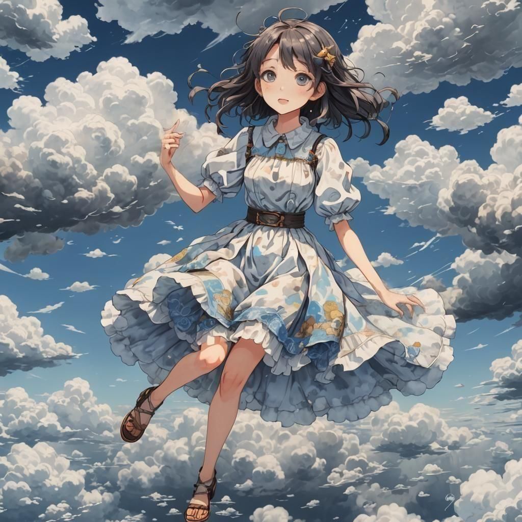 anime girl floating in the clouds with a cloud dress detaile...