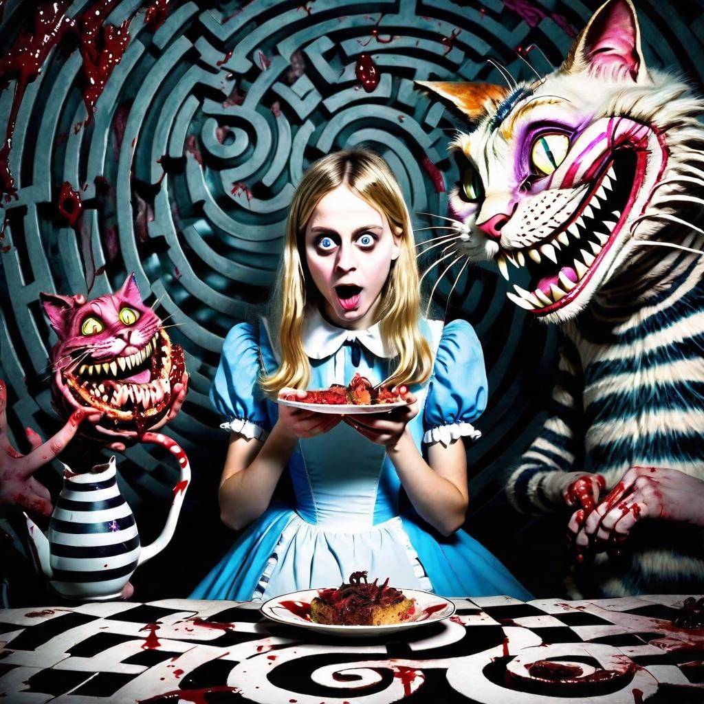Alice in Wonderland Consumes the Cheshire Cat in a Dark Laby...