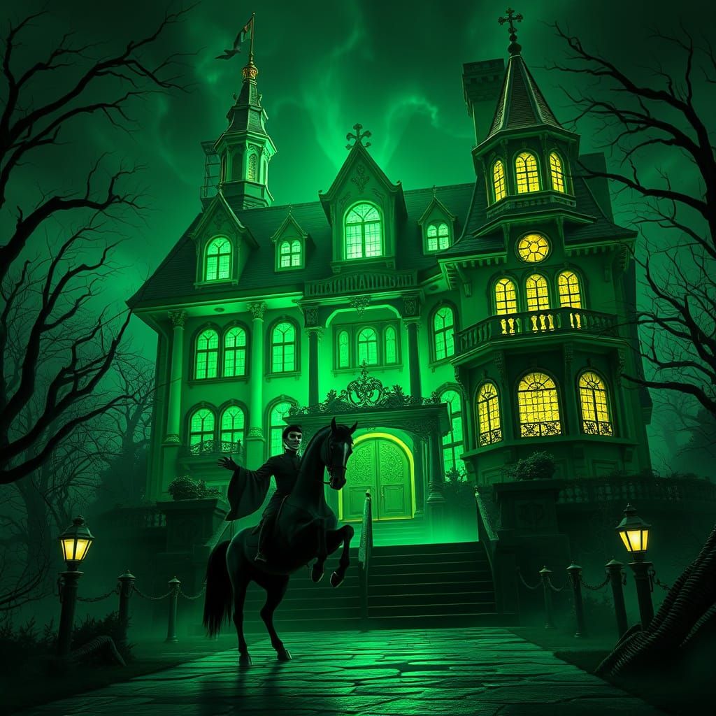 Haunted Mansion in an Eerie Turquoise Glow with the Headless...