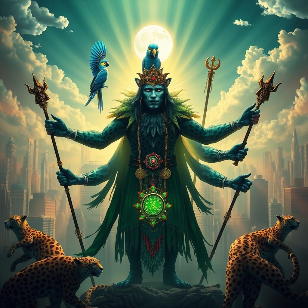 Mystical Dark Green Blue Leopard Shaman in Dreamlike Citysca...