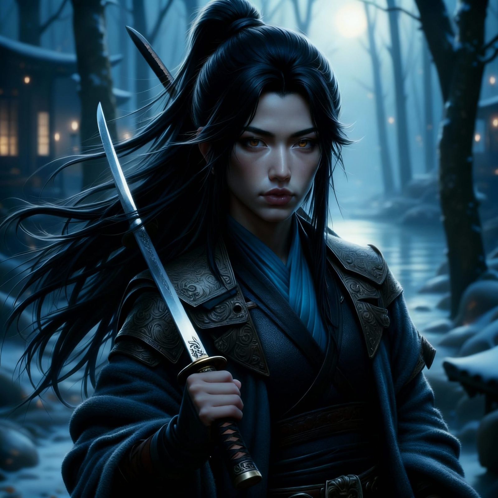 Graceful Kunoichi Warrior in Moonlight