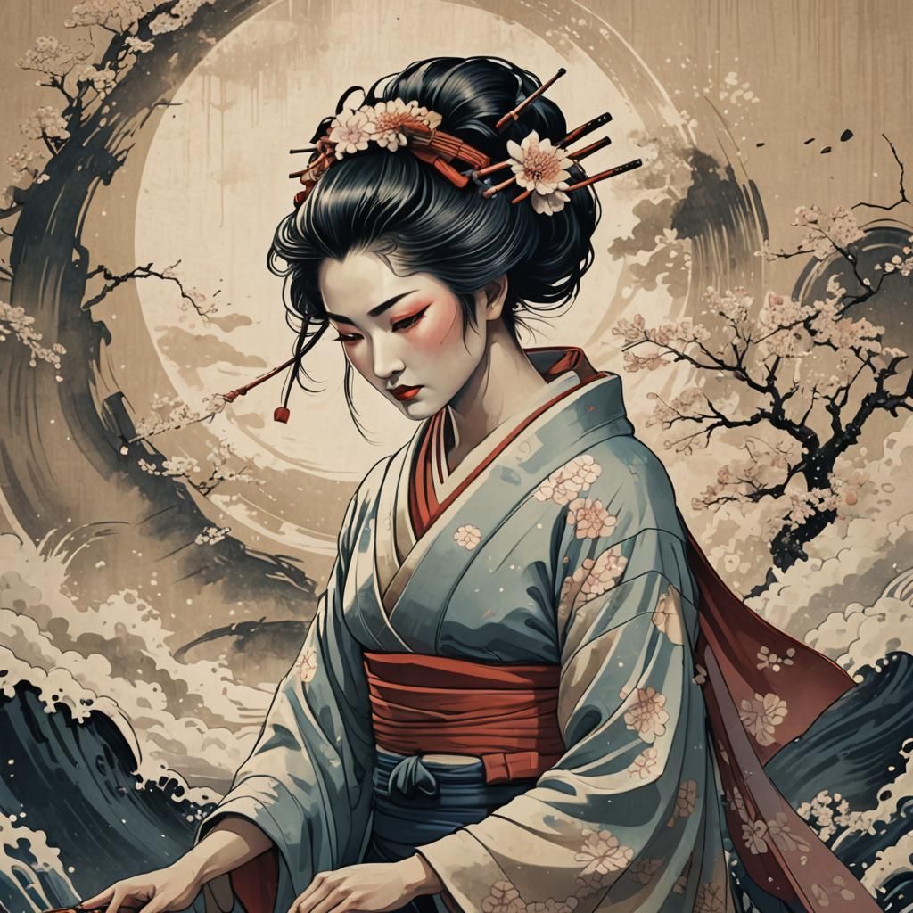 Japanese Geisha in Traditional Muted Colors with Rice Paper....
