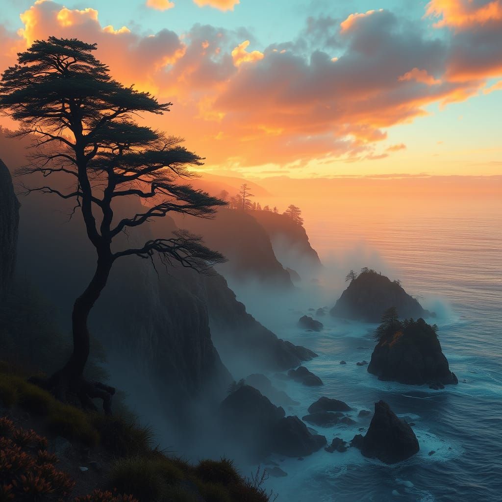 Dreamlike Pacific Coast Landscape in Warm Golden Hour
