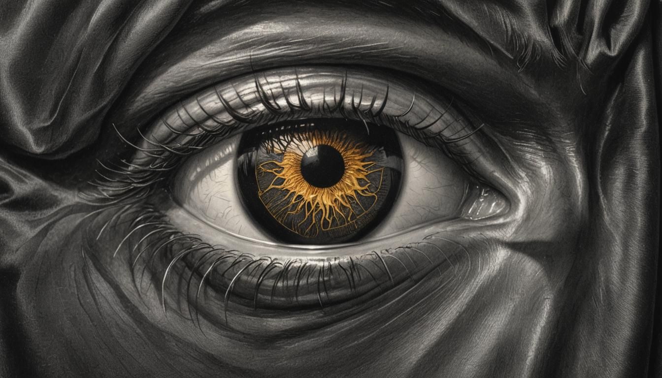 Intimate Charcoal Drawing of an Eye with Gold Sun