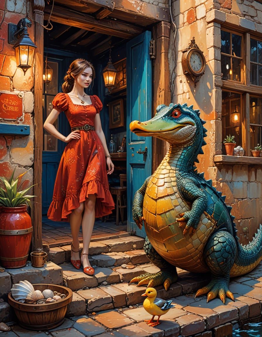 Steampunk Crocodile & Duck Outside Rustic Inn