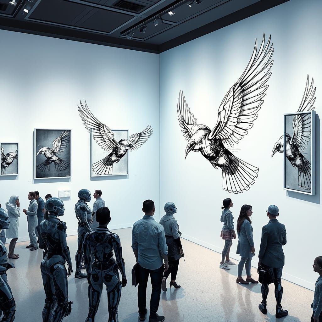 Surreal Birds in Flight in a Futuristic Art Gallery