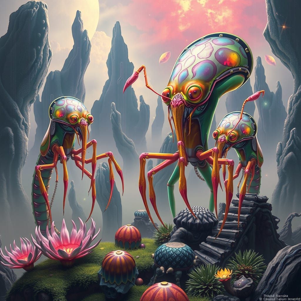 Ethereal Mantis-Shrimp Aliens on a Glimmering Exoplanet