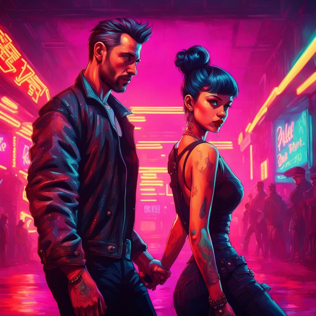 Cyberpunk Rockabilly Couple Embracing the Night