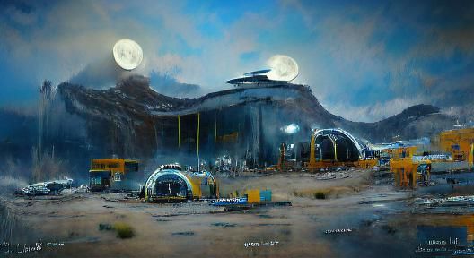 Cyberpunk Alien Moon Base Concept Art in Oil on Canvas