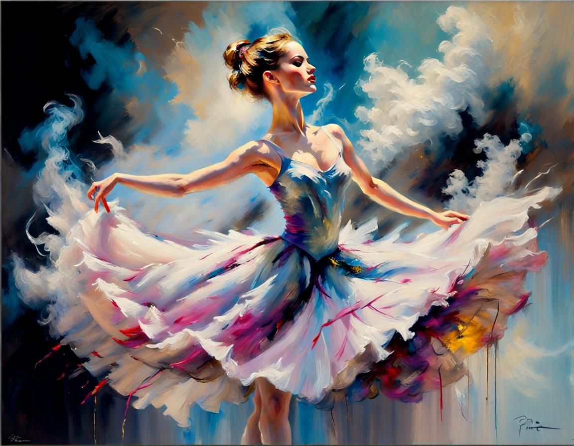 Impressive Ballerina Dances on Clouds in Vibrant Impasto Sty...