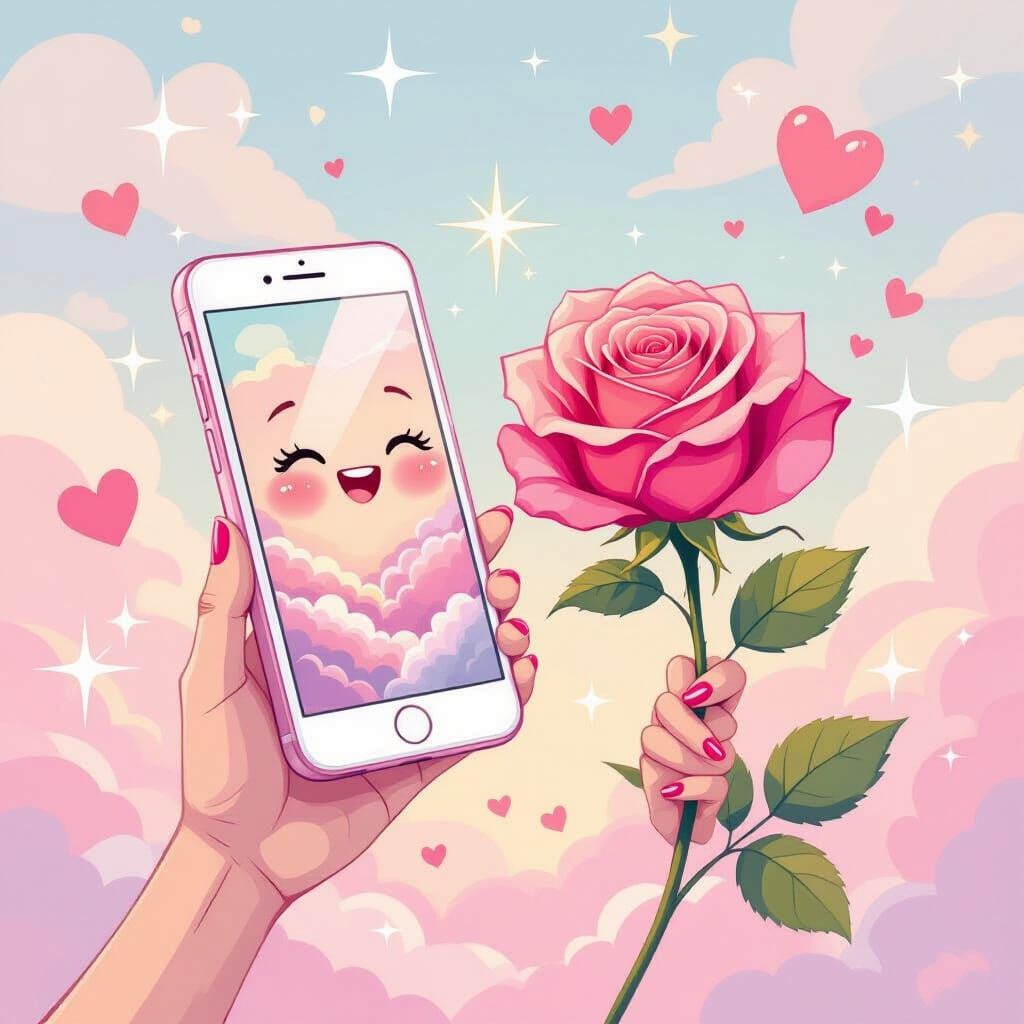 Smartphone and Rose Best Friends in Playful Cartoon Style