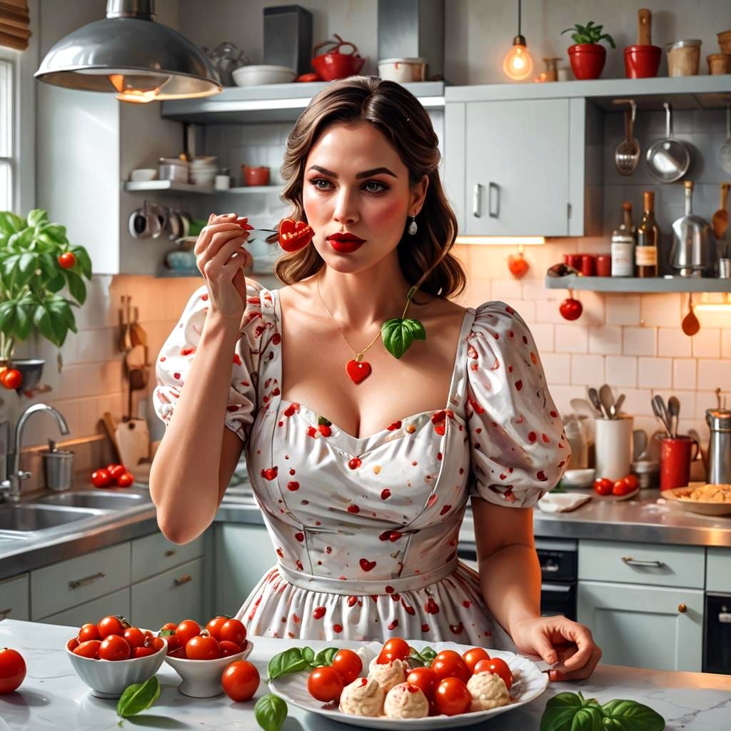 Stunning Female Figure in a Red Scoop with Basil and Cherry...