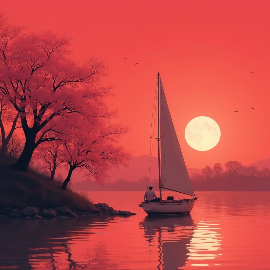Crimson Lake Sailboat Under Cherry Blossoms