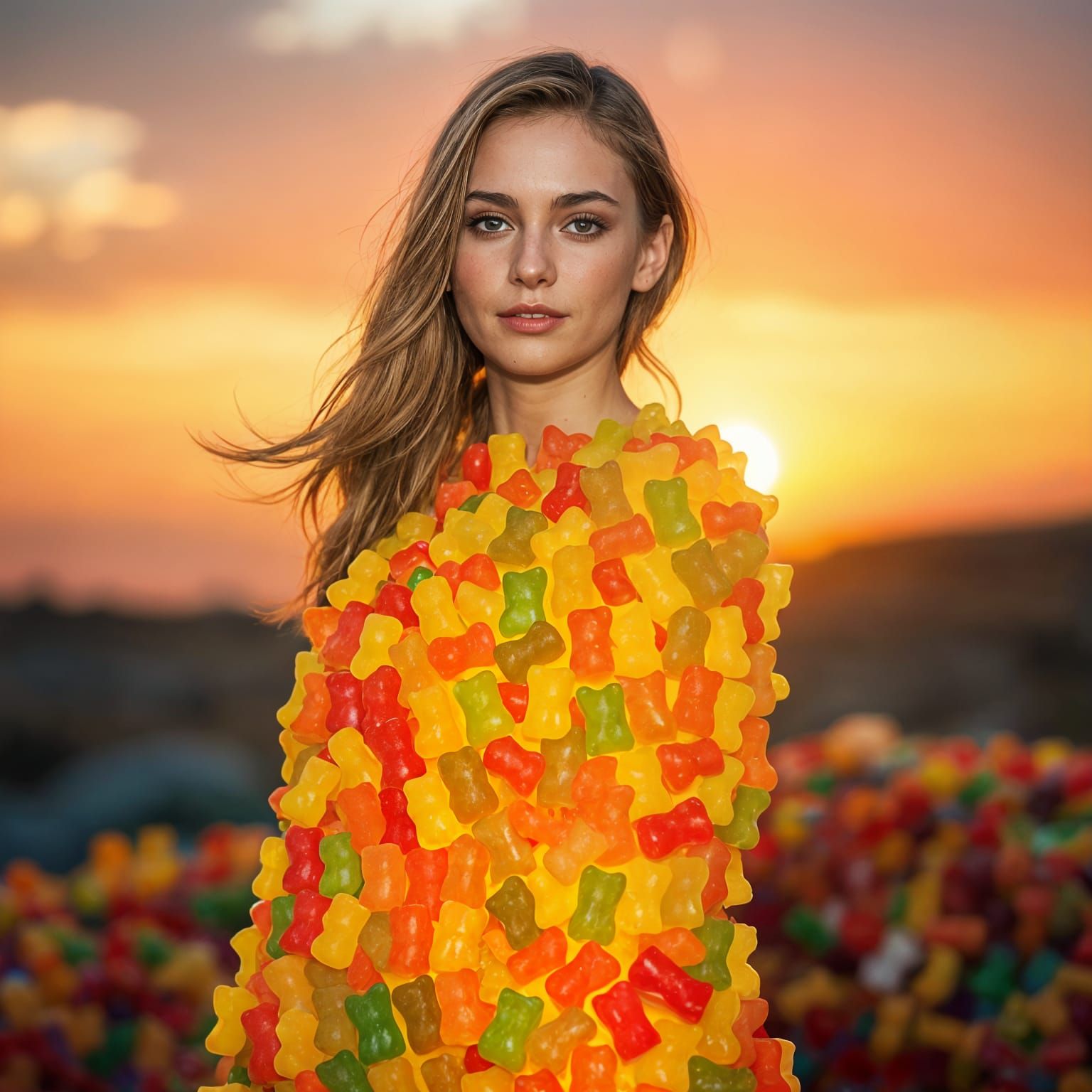 Woman Wears Cinematic Gummy Bear Gown in Atmospheric Film St...