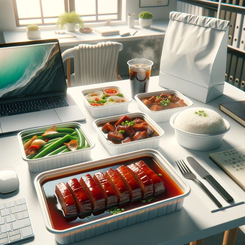 Modern Chinese Office Desk Lunch: Photo-Realistic Still Life