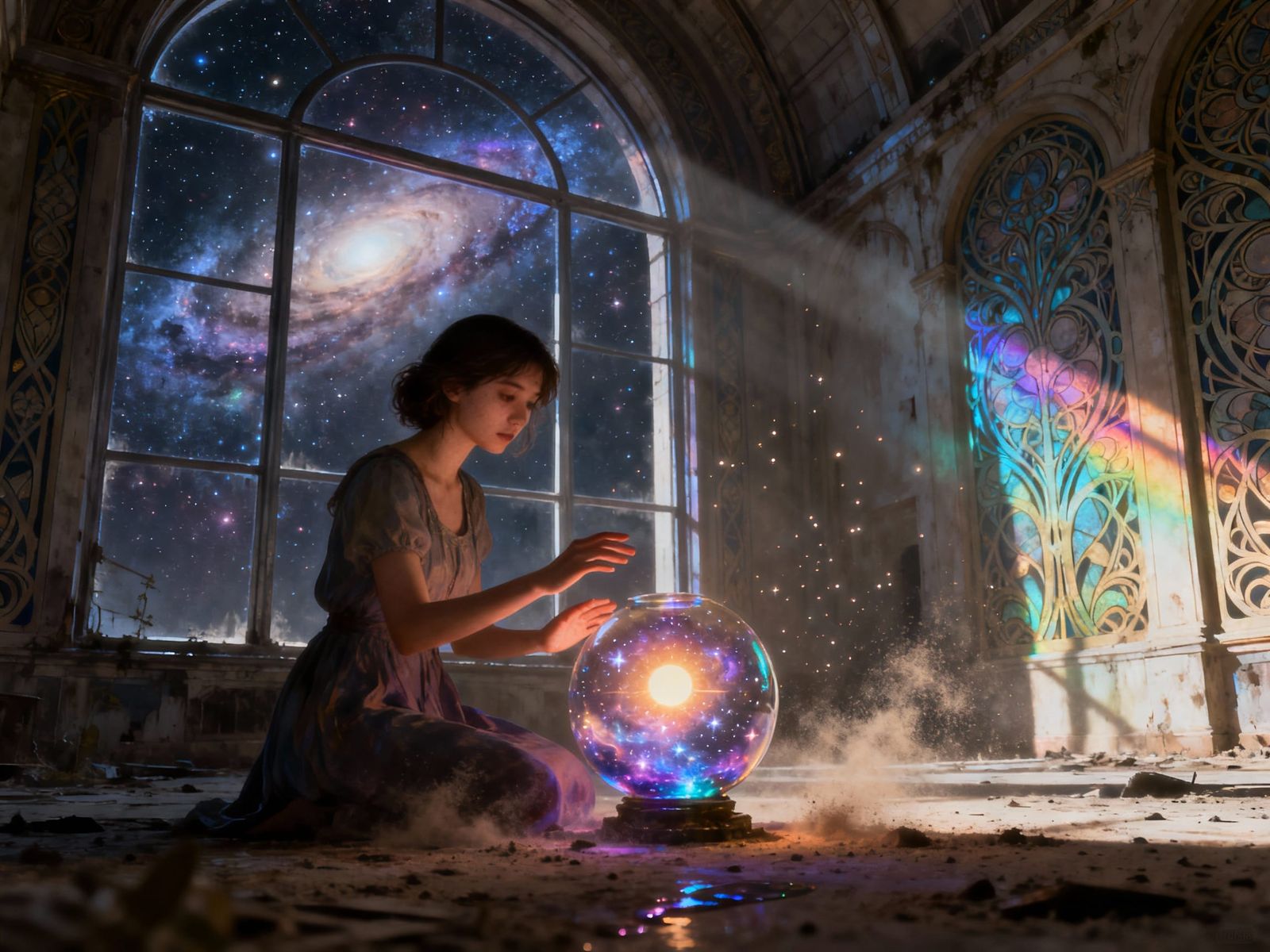 Cosmic Fantasy: Woman Ignites Nebula in Art Nouveau Observat...