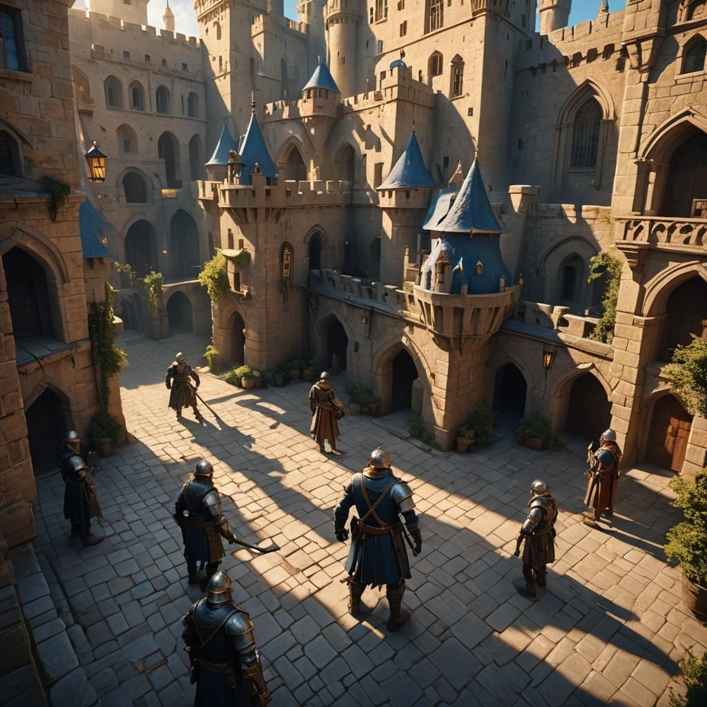 Guard Captures Escaping Prisoners in Vibrant Fantasy Fortres...