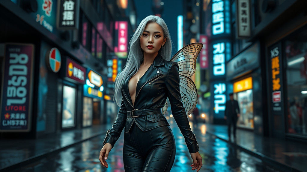Hyperrealistic Tiger-Striped Fairy in Blade Runner Cityscape