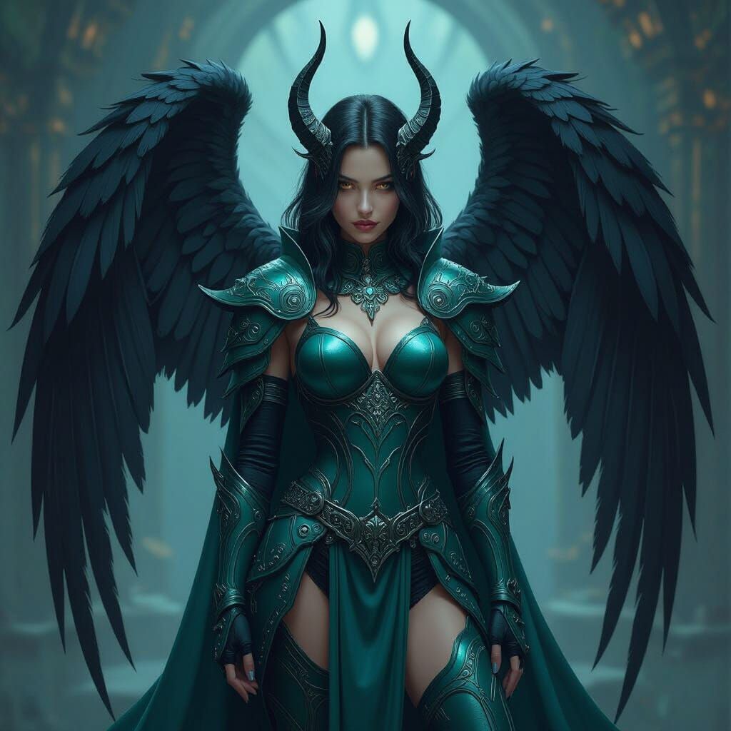 Teal Armored Demon with Black Angel Wings