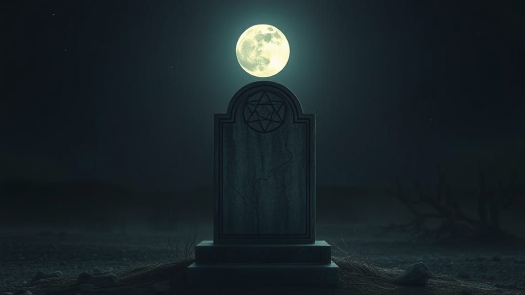 Moonlit Tombstone in Eerie, Dark Evening Landscape, Minimal....