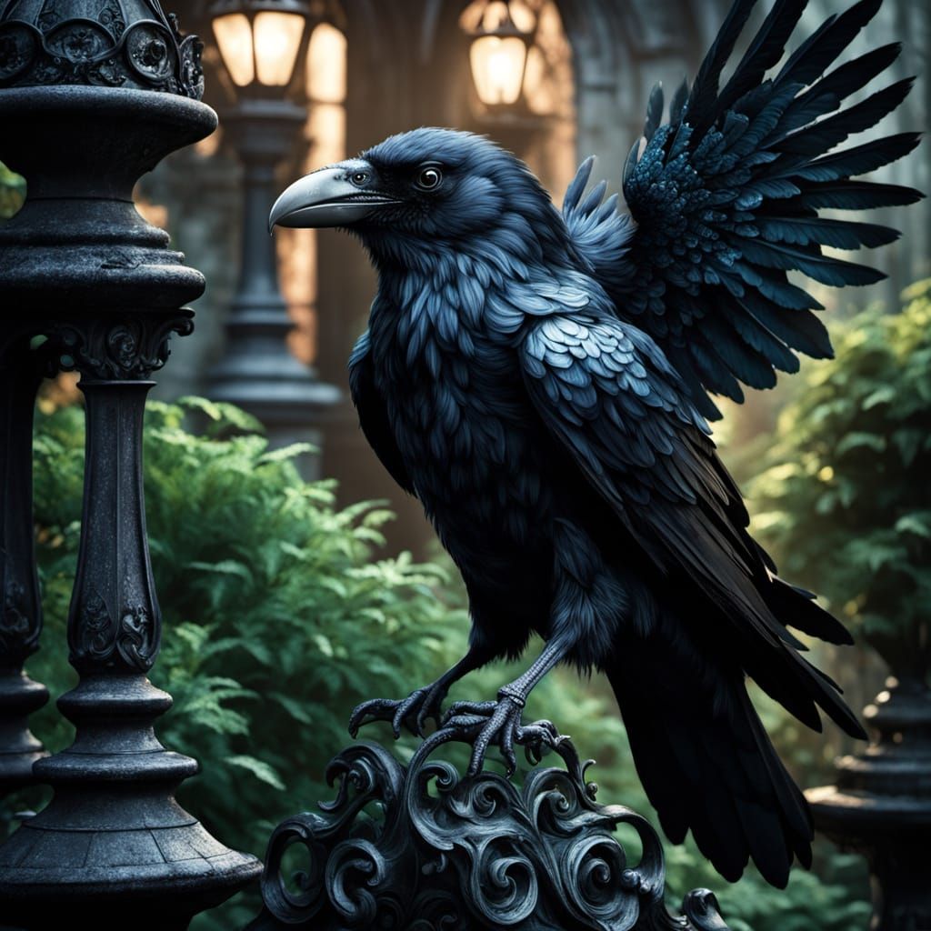 Raven on Angel Statue in Dark Fantasy Garden