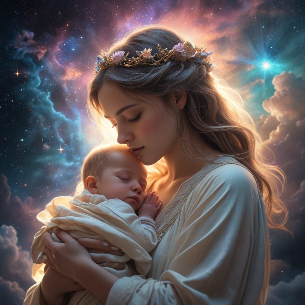 God Cradles Her Baby Star Child in a Heavenly Nebula