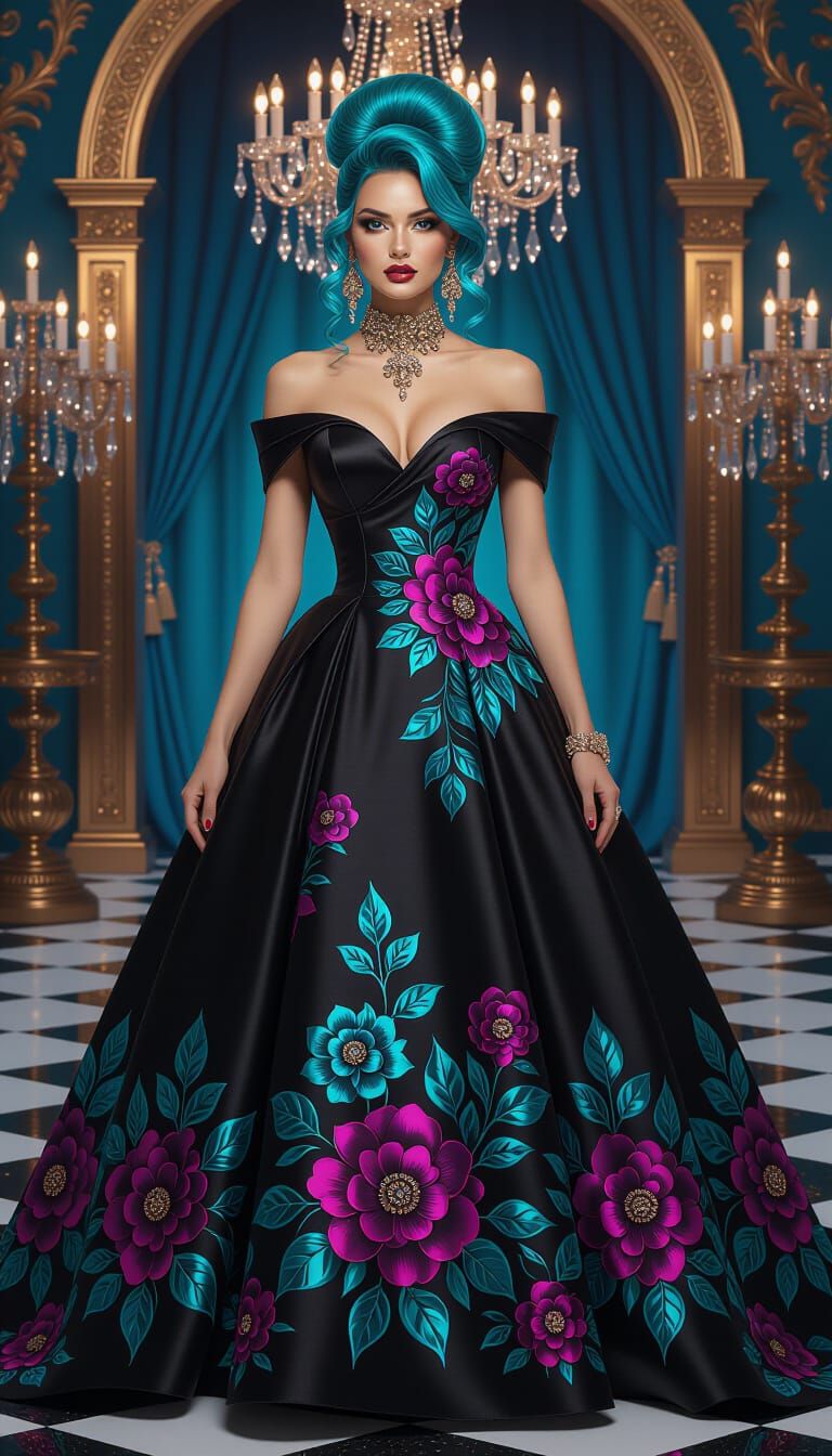 Enchanting Woman in Floral Ball Gown, Candle-lit Ballroom