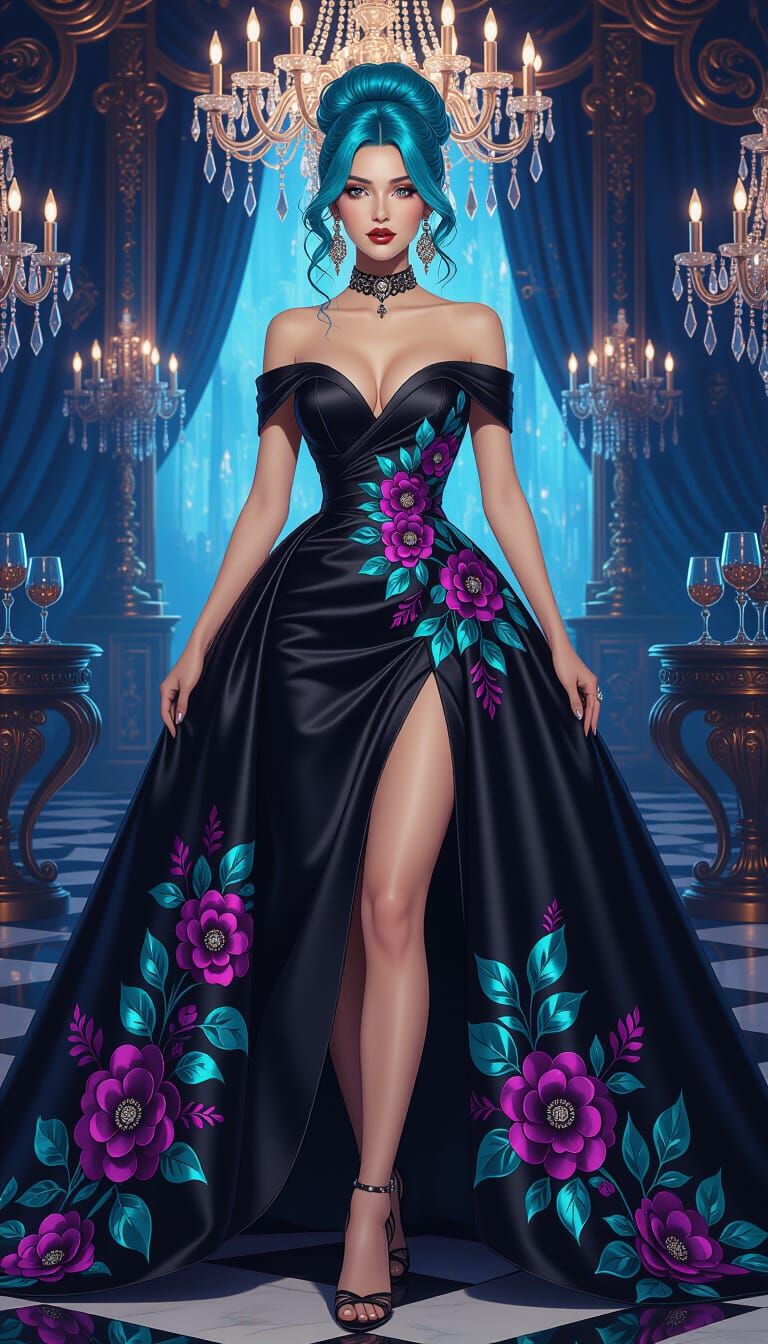 Graceful Woman in Metallic Gown in Candlelit Ballroom