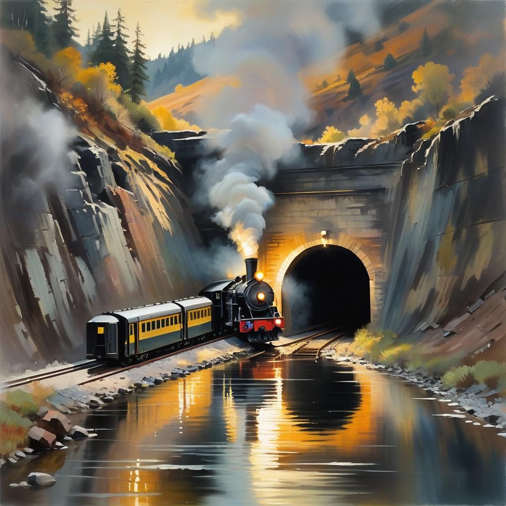 Impressionist Train Emerging from a Dark Tunnel in a Serene...