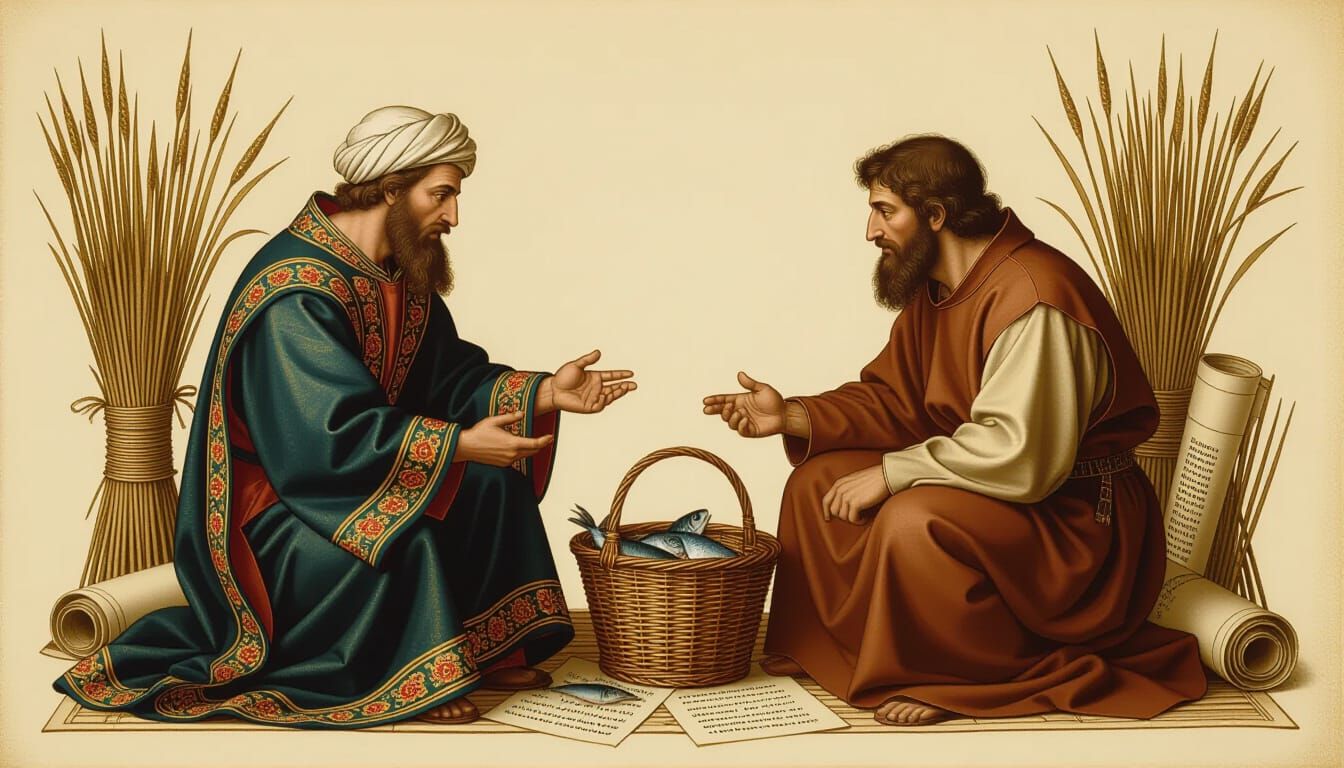 Medieval Scribe Negotiates with Fisherman for Dried Fish