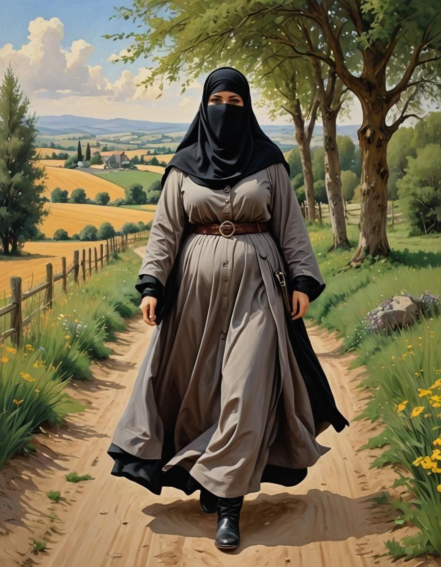 European Woman in Niqab Walking, Oil Painting